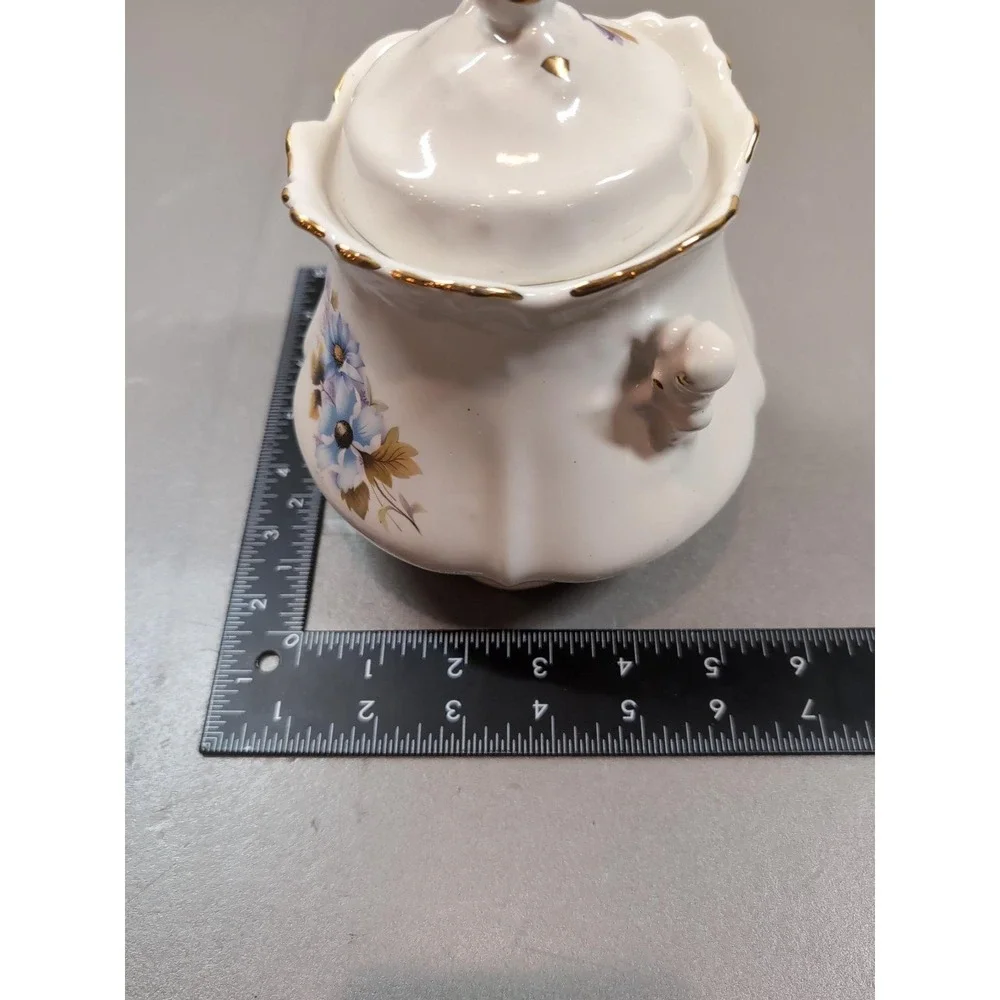 Vintage Porcelain Covered Sugar Bowl Floral Blue Purple Gold Trim Scalloped Edge